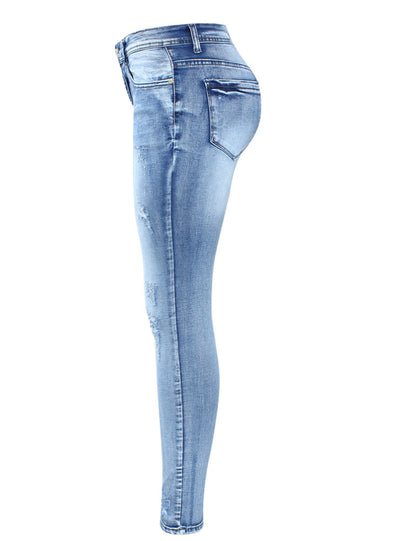 Mid Waist Stretchy Ripped Denim Pants Skinny Pencil Jeans 