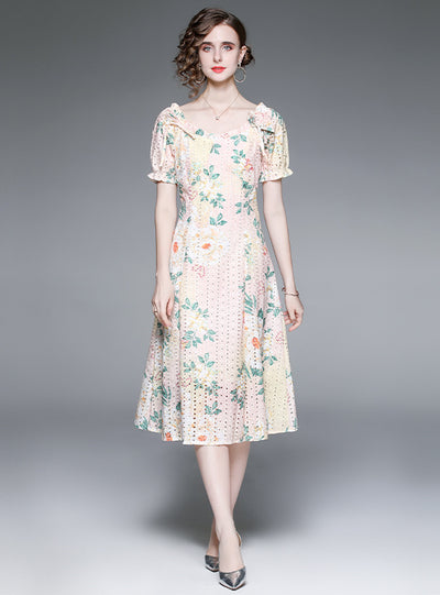 Hollow Lace Embroidered Waist Print Dress