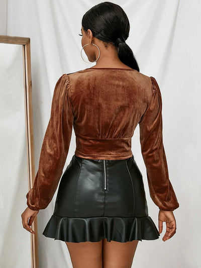 V-neck Slim Bubble Sleeve Velvet T-shirt