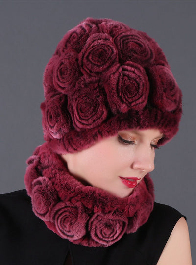Women Rex Hair Rose Hat Scarf Set