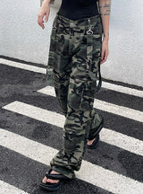Contrast Camouflage Pants Pocket Retro Bib Pants
