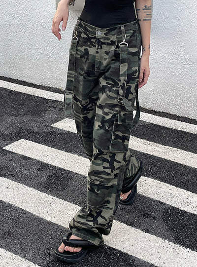 Contrast Camouflage Pants Pocket Retro Bib Pants