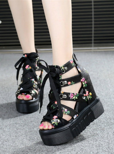 Wedges Open Toe Platform Sandals Lace Up Shoes
