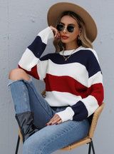 Contrast Striped Round Neck Pullover Sweater