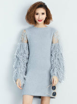 Winter Fur Spliced Long Sleeves Knitted Sweaters Dress 