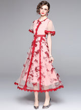 Round Neck Long Sleeve Embroidered Butterfly Gauze Dress