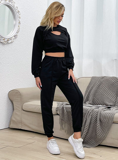 Hollow Out Long Sleeve T-shirt Fake Two-piece Sports Suit