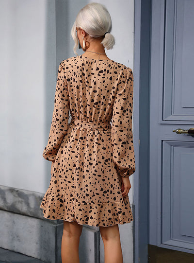 V-neck Leopard Print Ruffled Dress