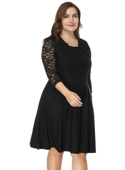 Plus Long Sleeve Lace Stitching Dress