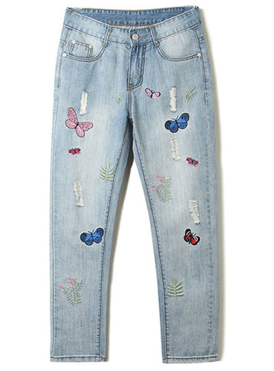 Embroidery Women Ripped Beggar Denim Pants