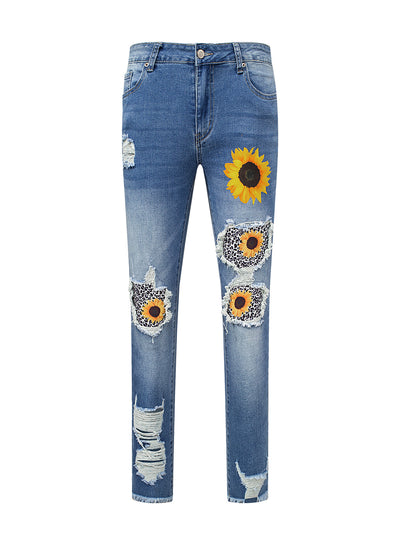 Wear and Tear Printed High-waisted Jeans