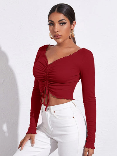 Casual V-neck Pleated Slim Long Sleeve T-shirt