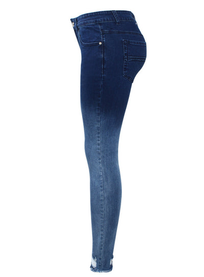 Dark Blue Mid Low Waist Stretchy Ripped Pencil Denim