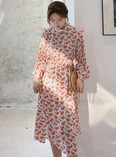 Women Dress Full Sleeve Elastic Waist Female Chiffon Dress