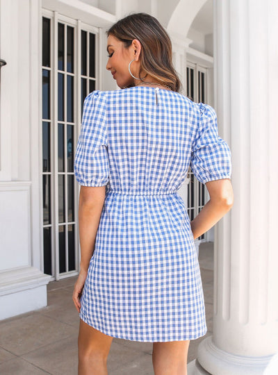 Plaid Knotted Lantern Sleeve Dress