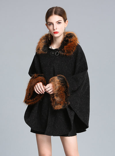 Knitted Shawl Cloak Imitating Fox Fur Collar Bat Sleeve