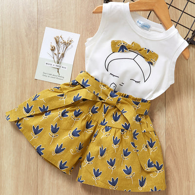 Girls Bow Cotton T-shirt+Printed Shorts Two-piece Set