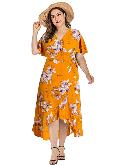 V-neck Ruffled Plant Printed Casual Dress