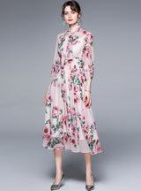 Printed Lantern Sleeve Slim Chiffon Dress