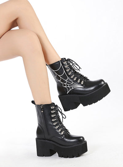 Retro Thick Heel Spider Web Embroidered Martin boots