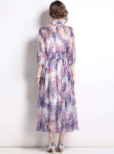 Bow Tie Collar Long Sleeve Waist Floral Chiffon Dress