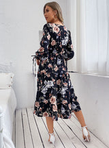 Women Button Print Long Sleeve Dress