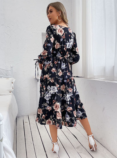 Women Button Print Long Sleeve Dress
