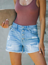 Hole Patch Tassel Breasted Denim Shorts