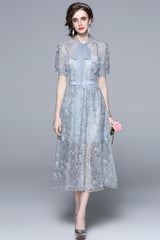 Retro Blue Lace Embroidered Bow Dress