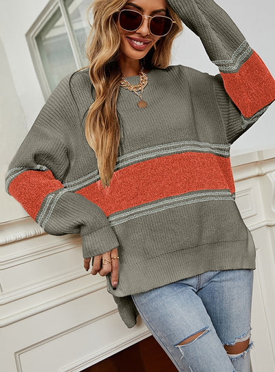 Contrast Pullover Split Striped Sweater