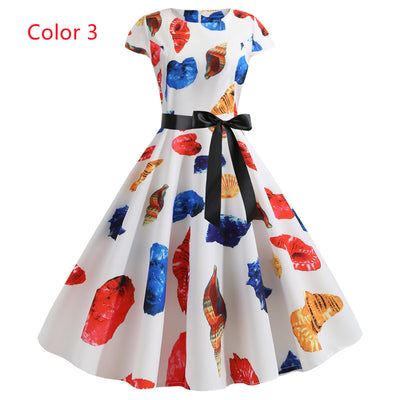 Retro Short Sleeve Printed Round Neck Dress