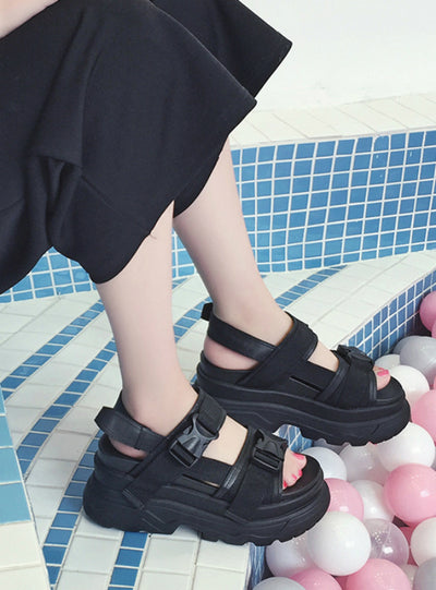 Women Wedge High Heels Shoes Buckle Leather Sandals