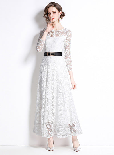 White Long Sleeve Lace Long Dress