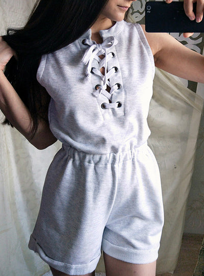 Lace Up Gray Short Romper High Waist Playsuits