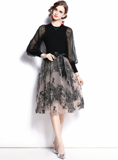 Black Mesh Stitching Long Sleeve Dress