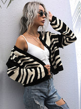 Short Contrast Striped Stitching Cardigan Sweater Jacket
