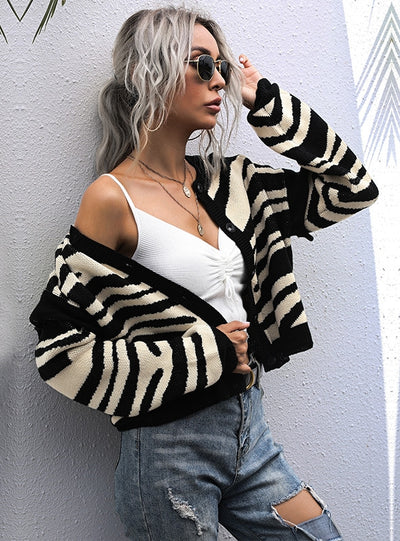 Short Contrast Striped Stitching Cardigan Sweater Jacket