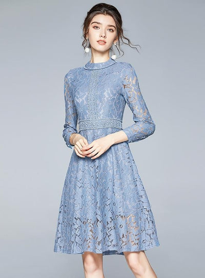 Blue 3/4 Sleeve Collar Openwork Lace Dress