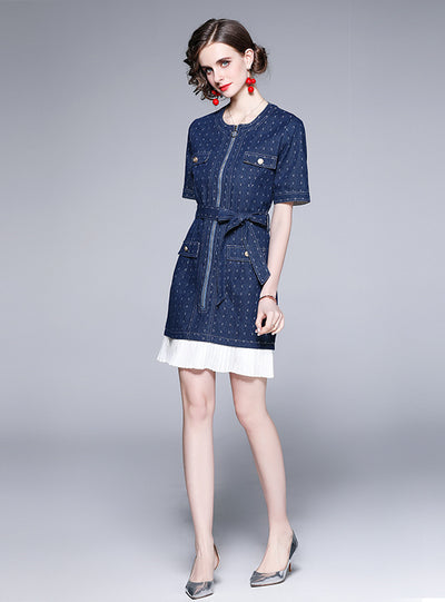 Retro Crewneck Pleated Stitching Denim Dress