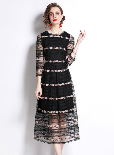 Yarn Lace Embroidery Long Sleeve Dress