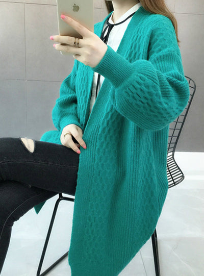 V neck Lantern Sleeve Open Stitch Loose Sweater Jacket