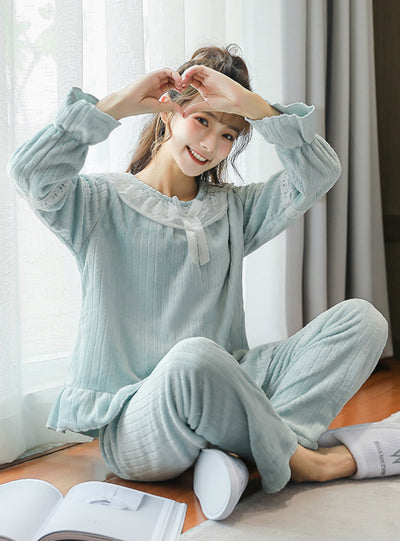 Flannel Pajamas Trousers Solid Lace Sweet Sleepwear