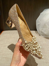 Thick-heeled Pearls Pointed High Heels