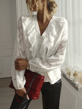 V-neck Ruffled White Shirt