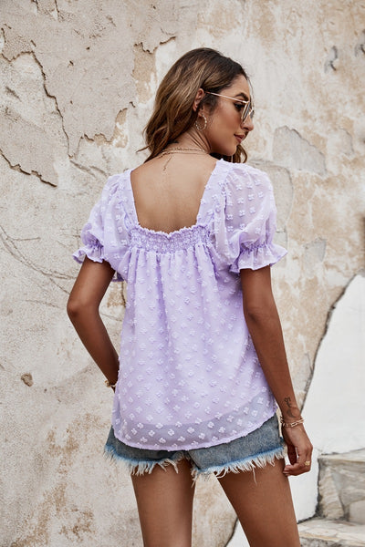 Pleated Puff Sleeves Short Square Neck Chiffon Shirt