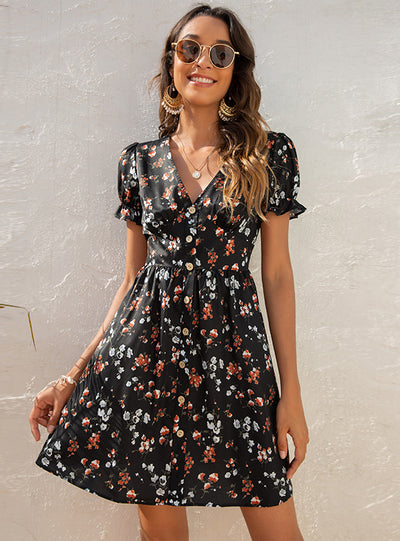 V-neck Print Bubble Sleeve High Waist Dress