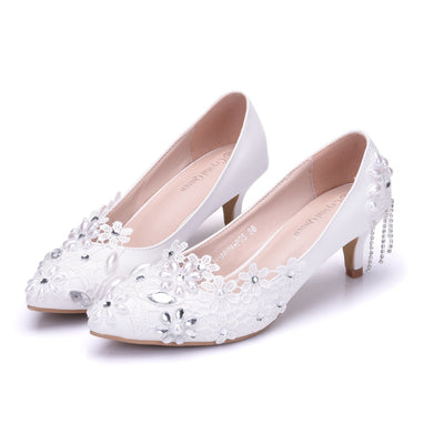 Pearl Lace Flower Pointed Wedding Shoes