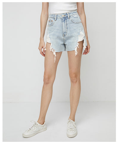 Denim High Waist Abrasion Irregular Burrs Shorts