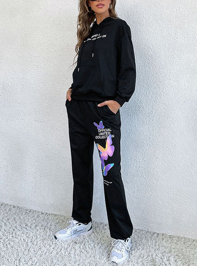 Printed Long-sleeved Hooded Two-piece Set