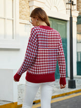 Round Neck Houndstooth Contrast Sweater